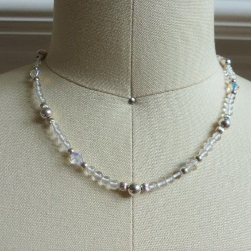 Clear Quartz Crystal and Sterling Silver Beaded Necklace 16'